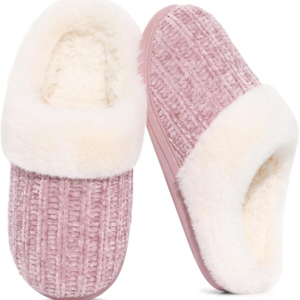 Evshine Warm Knit House Slippers for Women Comfy Wool-Like Lined Chenille Slippers with Memory Foam and Indoor Outdoor Soles